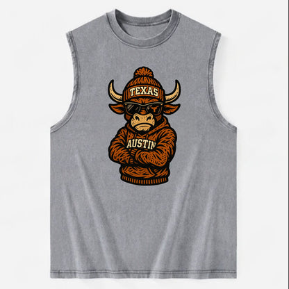 Austin Bevo wearing Texas beanie with longhorn patch - Vintage Washed Tank - Grey