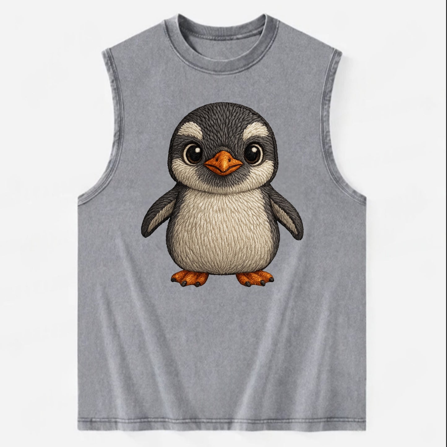 Baby Gentoo Penguin - orange beak, white cap, bright eyes, front-facing, - Vintage Washed Tank - Grey