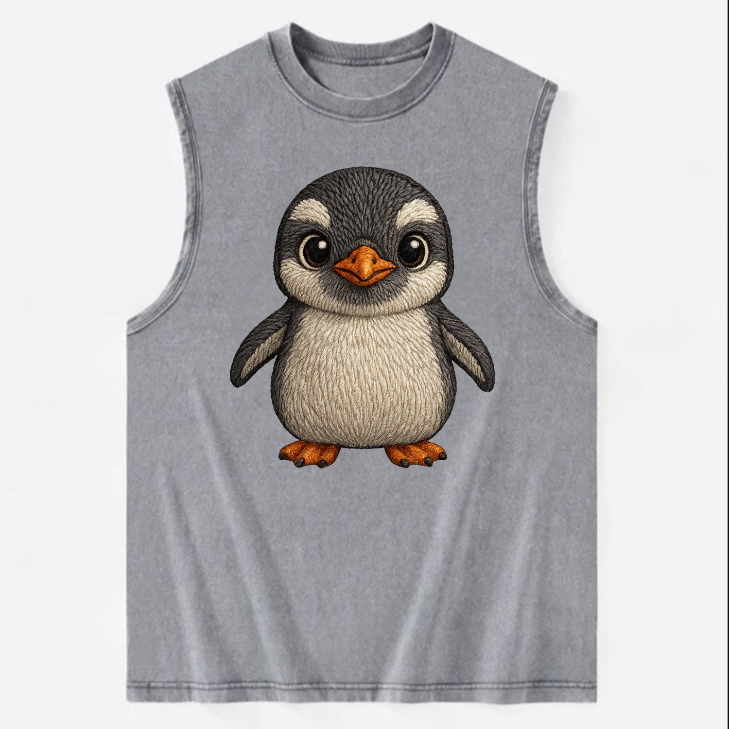 Baby Gentoo Penguin - orange beak, white cap, bright eyes, front-facing, - Vintage Washed Tank - Grey