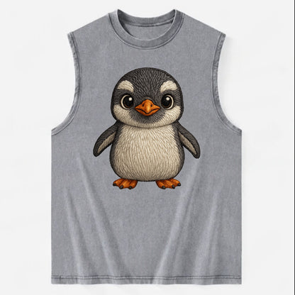Baby Gentoo Penguin - orange beak, white cap, bright eyes, front-facing, - Vintage Washed Tank - Grey