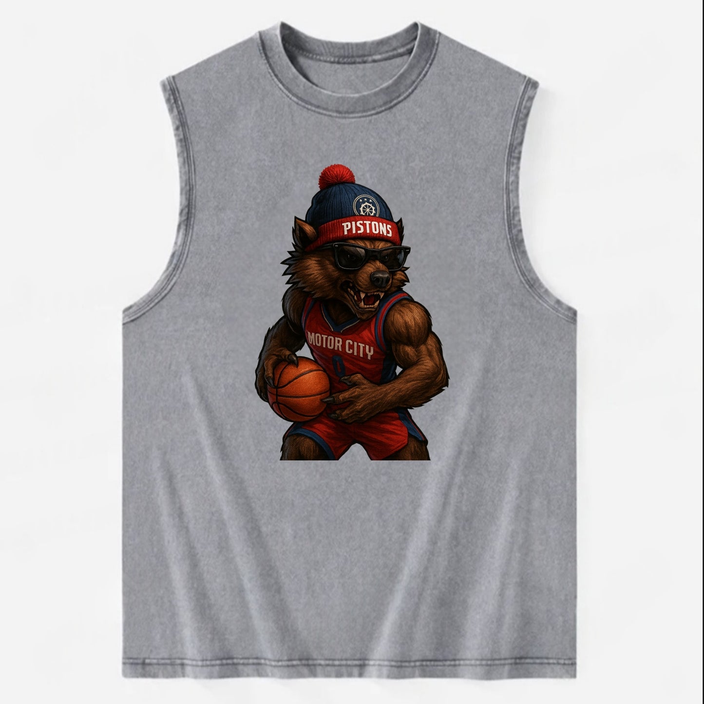 Motor City Wolverine wearing Pistons beanie with gear patch and wayfarer - Vintage Washed Tank - Grey