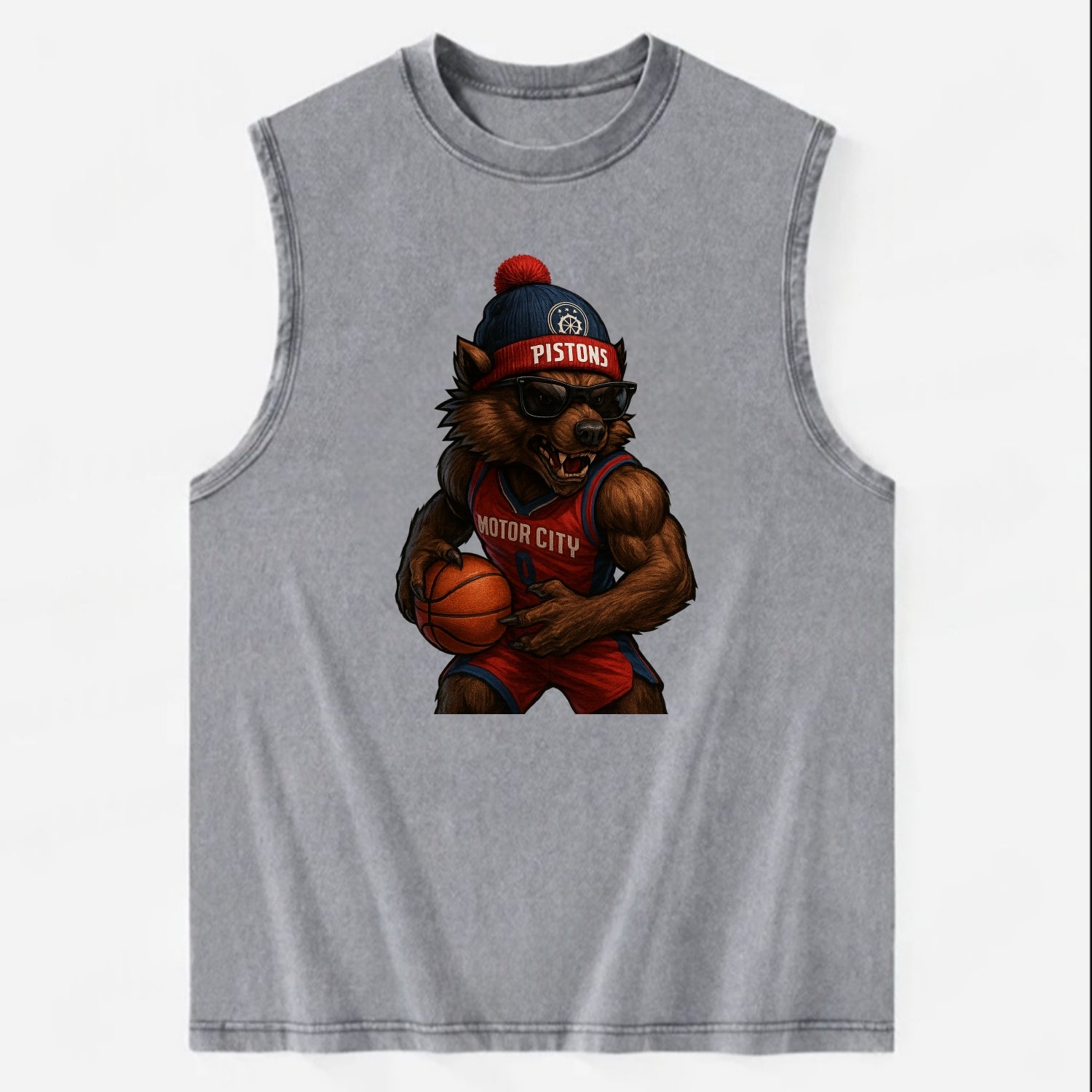 Motor City Wolverine wearing Pistons beanie with gear patch and wayfarer - Vintage Washed Tank - Grey