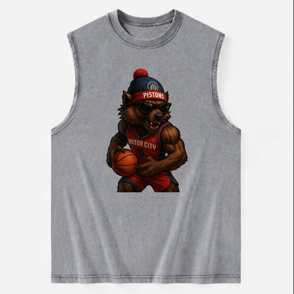 Motor City Wolverine wearing Pistons beanie with gear patch and wayfarer - Vintage Washed Tank - Grey
