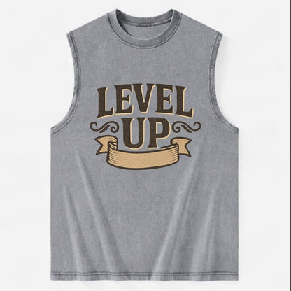 Bold typography design - "LEVEL UP" - improving, advancing, growing - Vintage Washed Tank - Grey