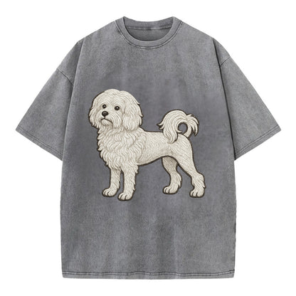 Löwchen - Little Lion Dog white embroidered pose - Vintage T-shirt - Grey