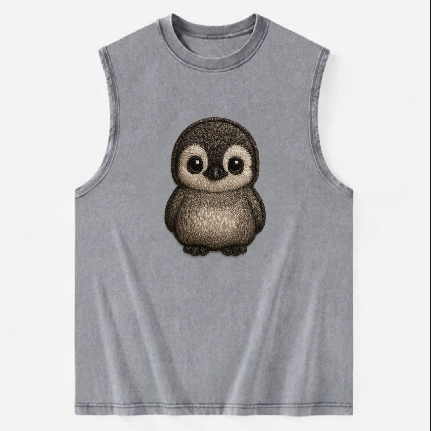 Baby Penguin Chick - gray fluffy, white face, round body, front-facing, - Vintage Washed Tank - Grey