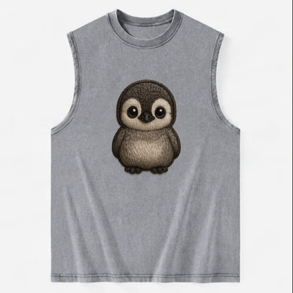 Baby Penguin Chick - gray fluffy, white face, round body, front-facing, - Vintage Washed Tank - Grey
