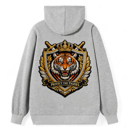 PROTECT THE TIGERS - tiger with shield in orange , big cat conservation - Classic Pullover Hoodie - Grey