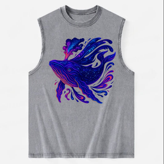 Majestic whale with body composed of galaxy clusters, stellar fins flowing - Vintage Washed Tank - Grey