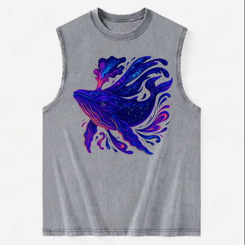 Majestic whale with body composed of galaxy clusters, stellar fins flowing - Vintage Washed Tank