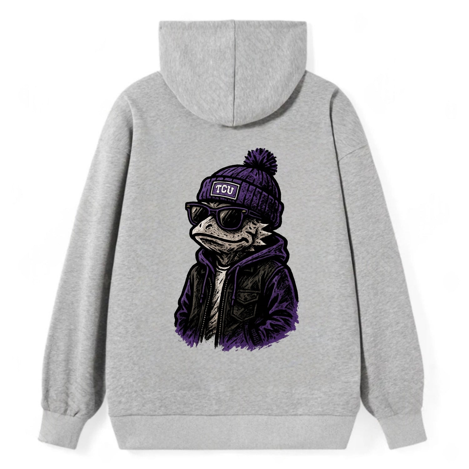 Fort Worth Frog wearing TCU beanie with horned patch - Classic Pullover Hoodie - Grey
