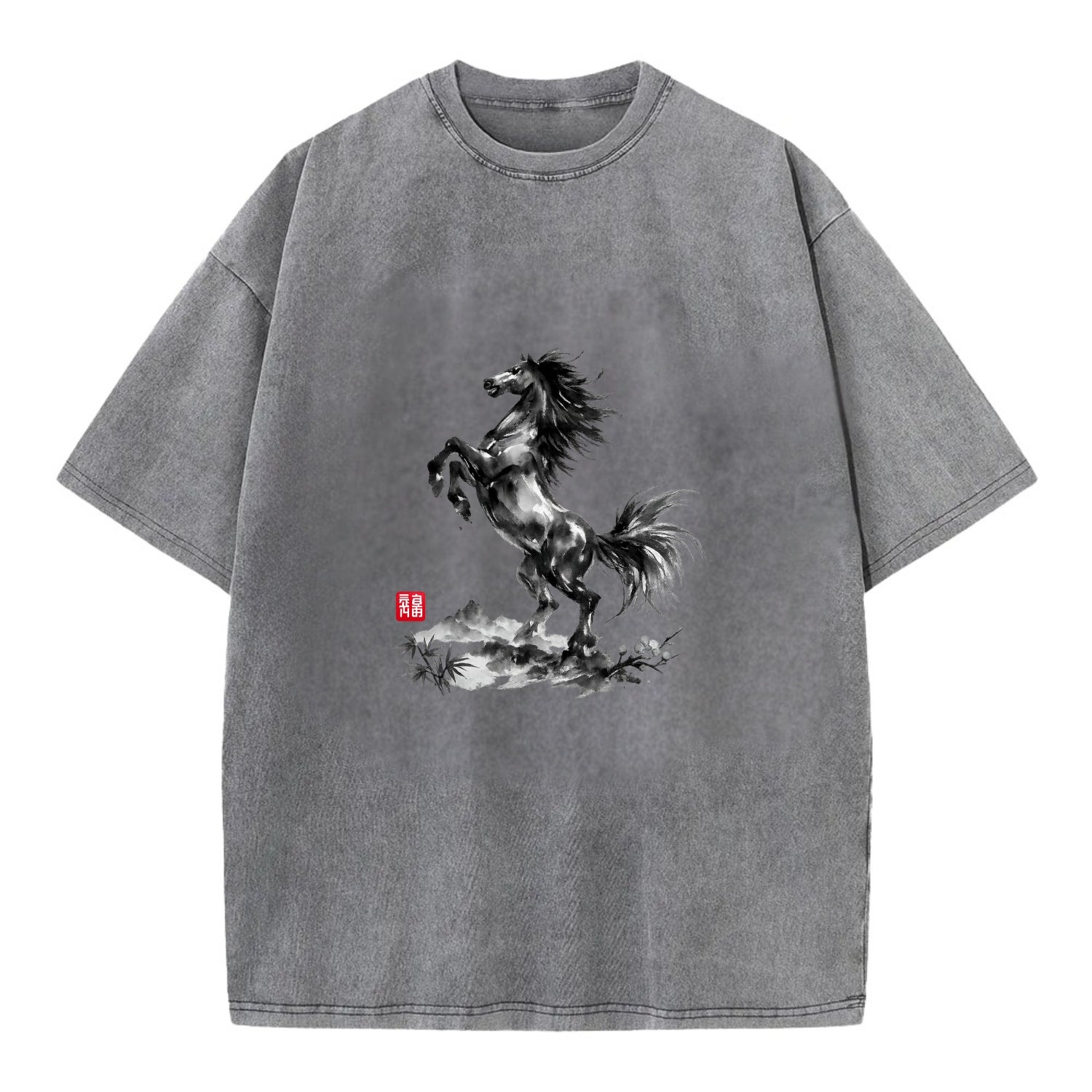 WILD STALLION | Powerful stallion rearing up | Windswept mane and tail | Mountain - Vintage T-shirt - Grey
