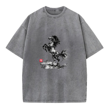 WILD STALLION | Powerful stallion rearing up | Windswept mane and tail | Mountain - Vintage T-shirt - Grey