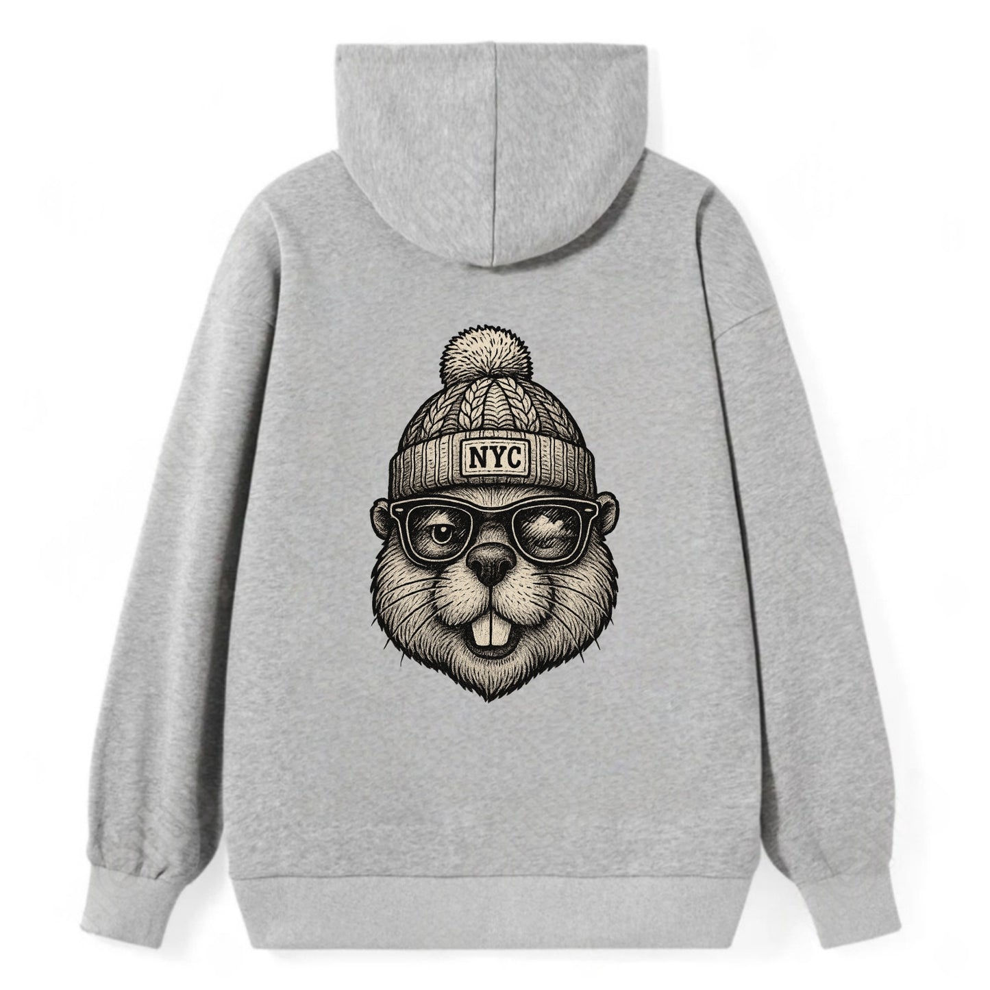 New York Beaver wearing NYC beanie with pom pom and wayfarer sunglasses - Classic Pullover Hoodie - Grey