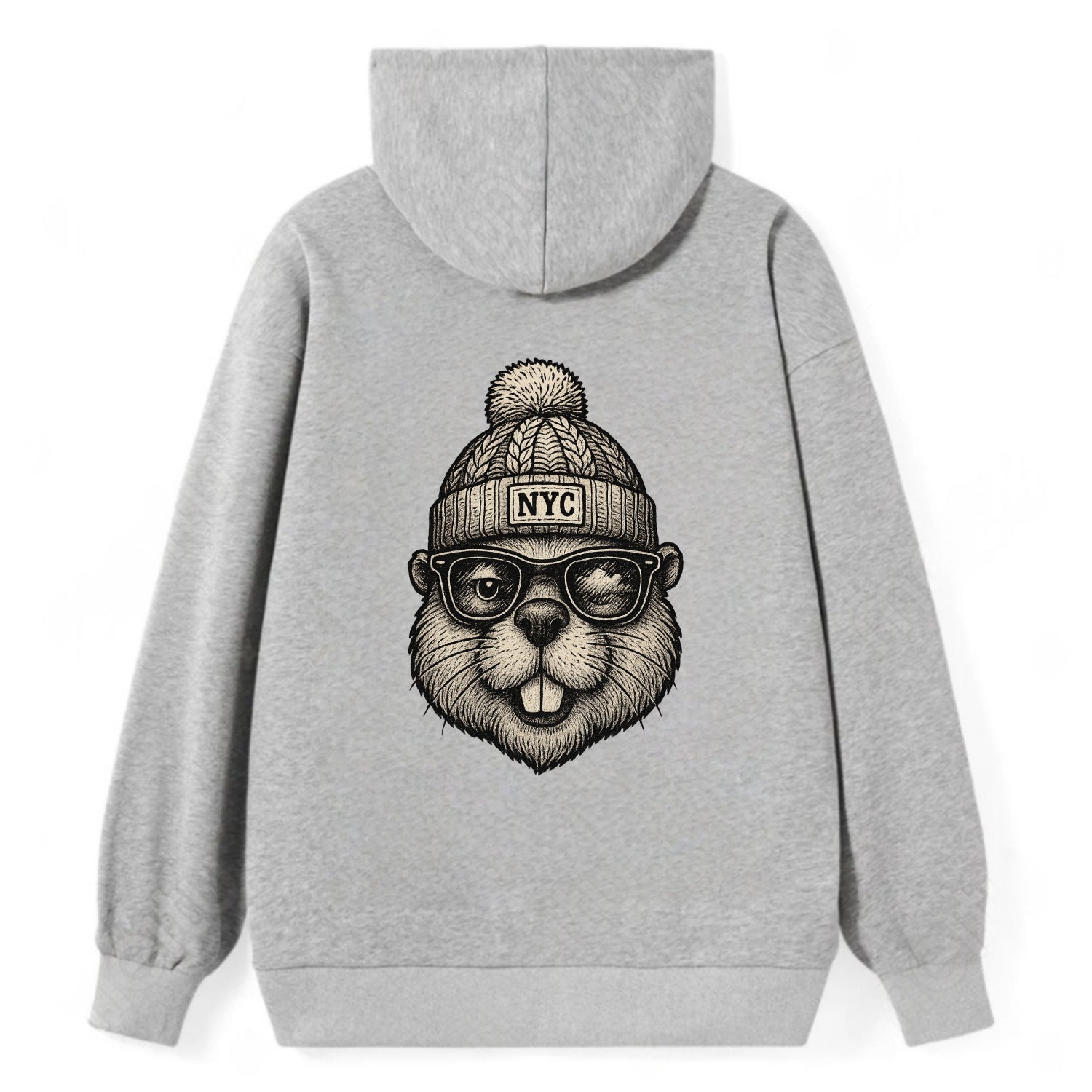 New York Beaver wearing NYC beanie with pom pom and wayfarer sunglasses - Classic Pullover Hoodie - Grey