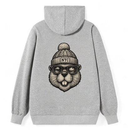 New York Beaver wearing NYC beanie with pom pom and wayfarer sunglasses - Classic Pullover Hoodie - Grey