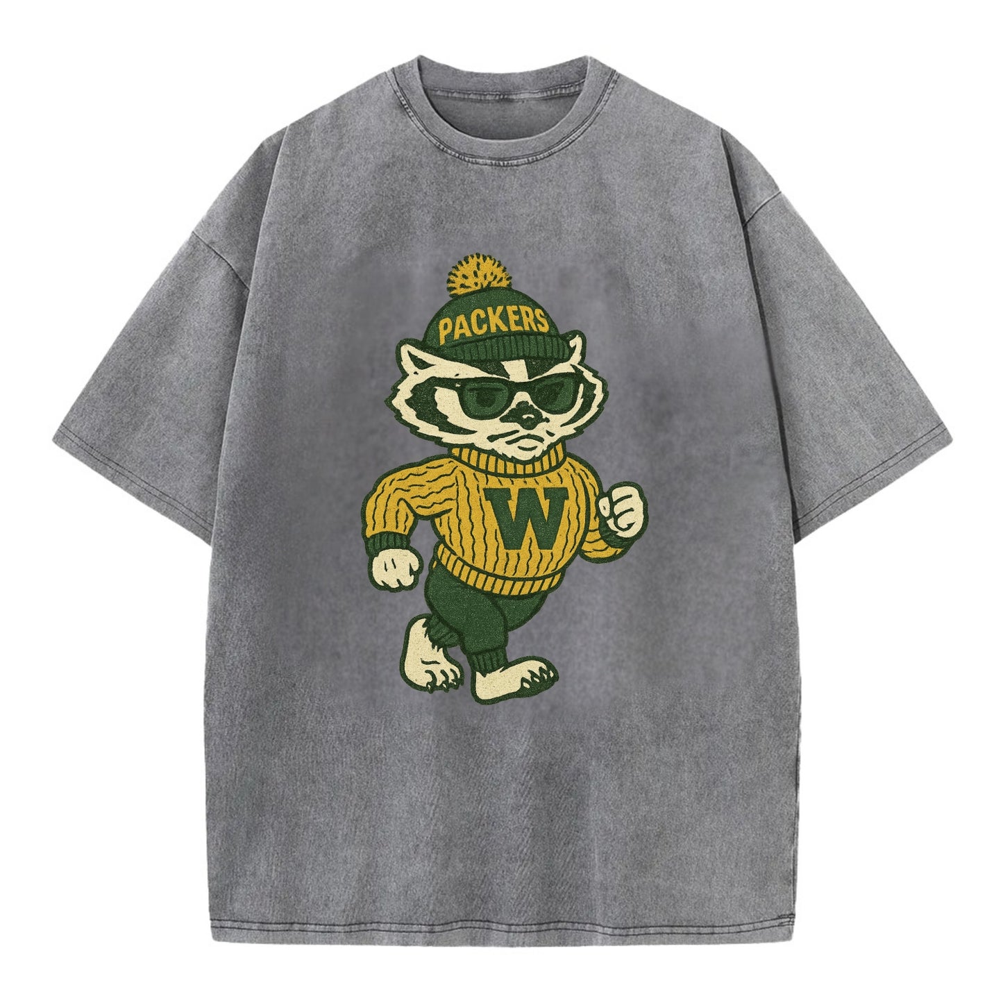 Wisconsin Badger wearing Packers green and gold beanie with pom pom and wayfarer - Vintage T-shirt - Grey