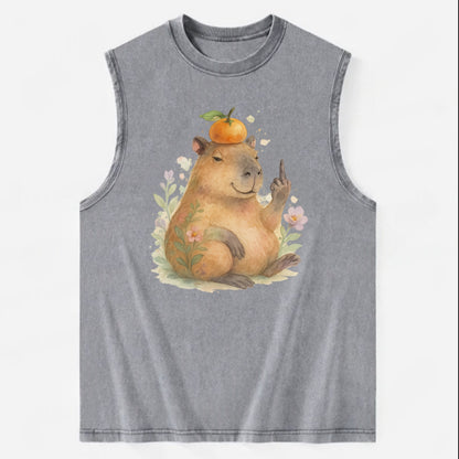 chonky capybara relaxing with orange on head, one webbed middle finger up - Vintage Washed Tank - Grey