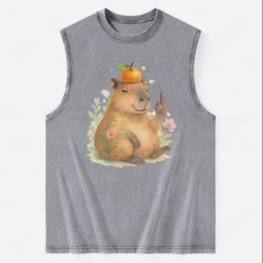 chonky capybara relaxing with orange on head, one webbed middle finger up - Vintage Washed Tank - Grey