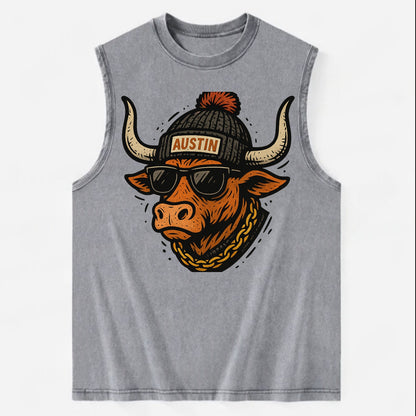 Texas Longhorn wearing Austin beanie with pom pom and wayfarer sunglasses - Vintage Washed Tank - Grey