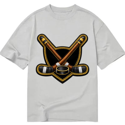Embroidered patch design - HOCKEY CROSSED STICKS - ice hockey sticks with puck in - Classic T-shirt - Grey