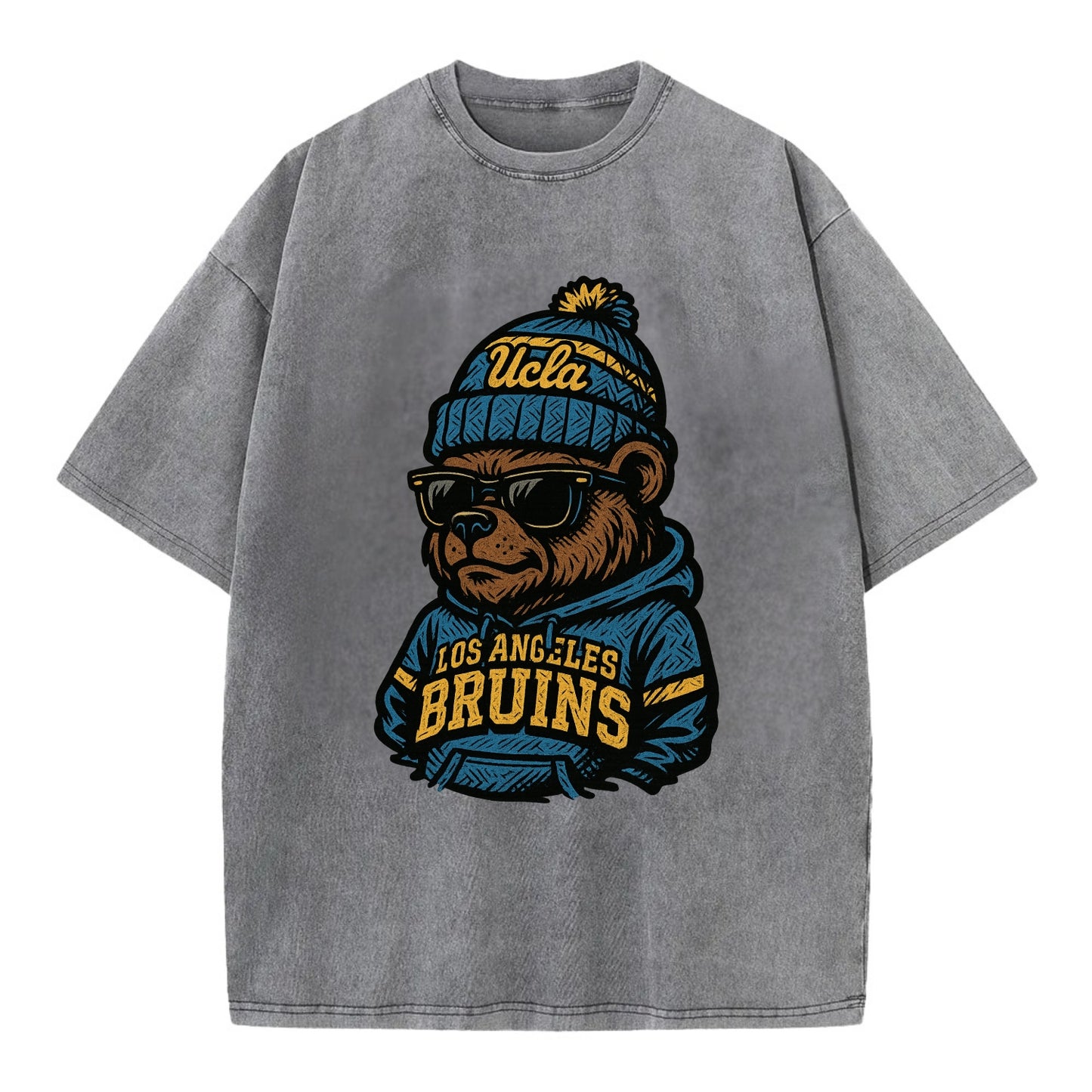 Los Angeles Bruin wearing UCLA beanie with script patch - Vintage T-shirt - Grey