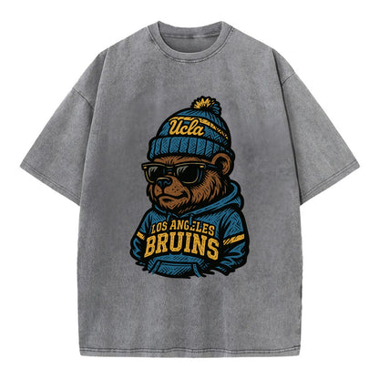 Los Angeles Bruin wearing UCLA beanie with script patch - Vintage T-shirt - Grey