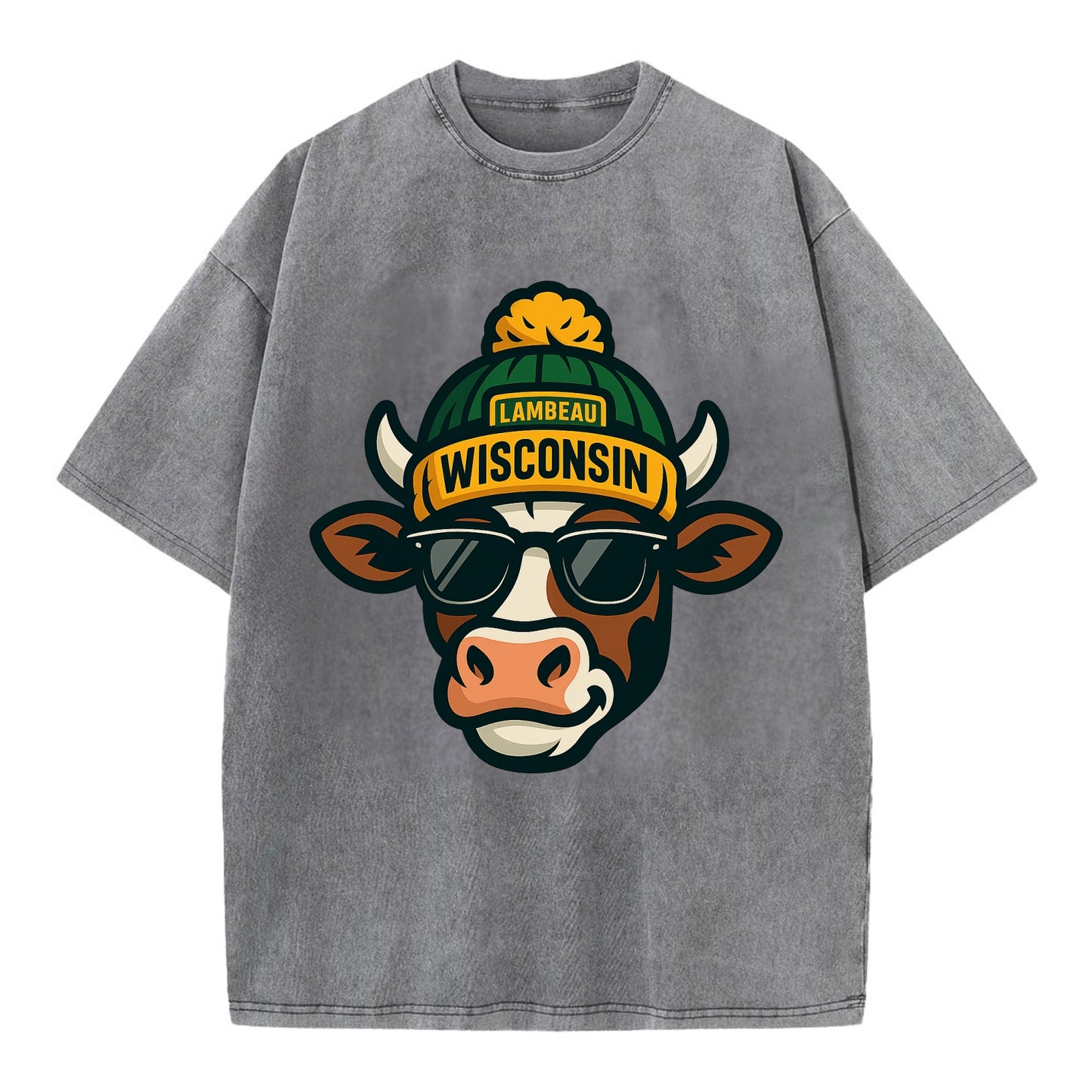 Wisconsin Cow wearing Packers beanie with Lambeau patch and wayfarer sunglasses - Vintage T-shirt - Grey