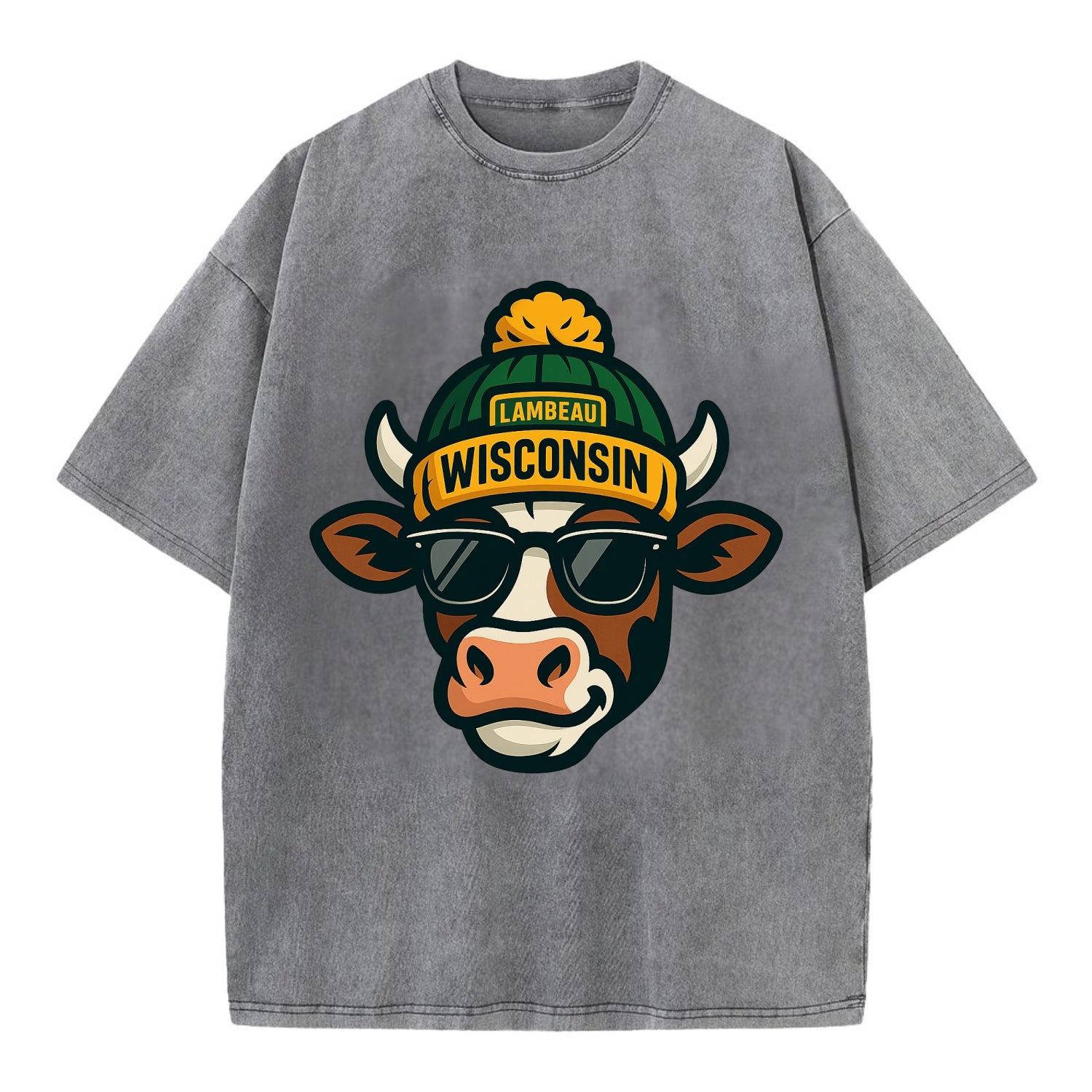 Wisconsin Cow wearing Packers beanie with Lambeau patch and wayfarer sunglasses - Vintage T-shirt - Grey