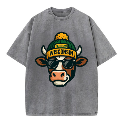 Wisconsin Cow wearing Packers beanie with Lambeau patch and wayfarer sunglasses - Vintage T-shirt - Grey