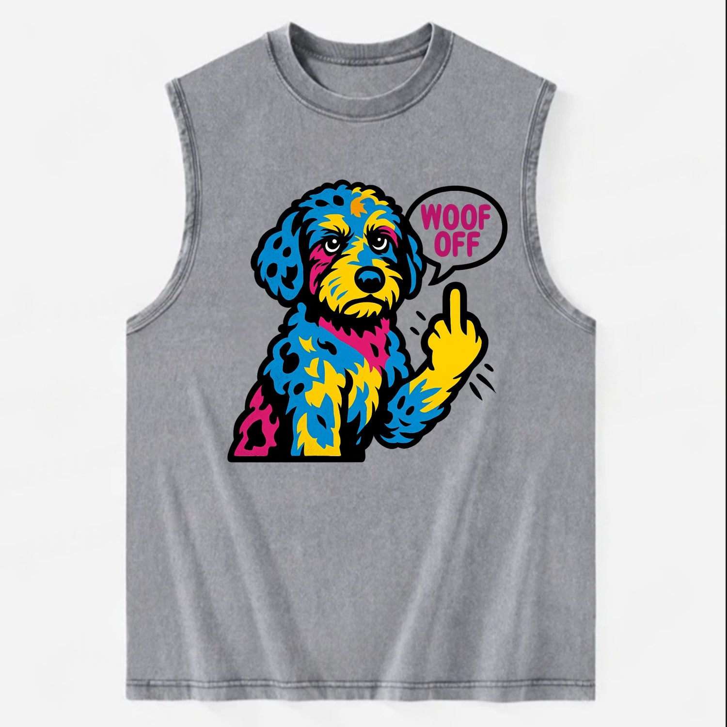 Aussiedoodle with merle patches and curly coat, playful smart paw raised - Vintage Washed Tank - Grey