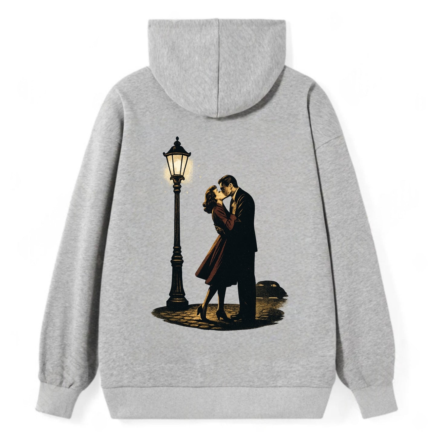 first kiss under vintage street lamp on cobblestone at night - Classic Pullover Hoodie - Grey
