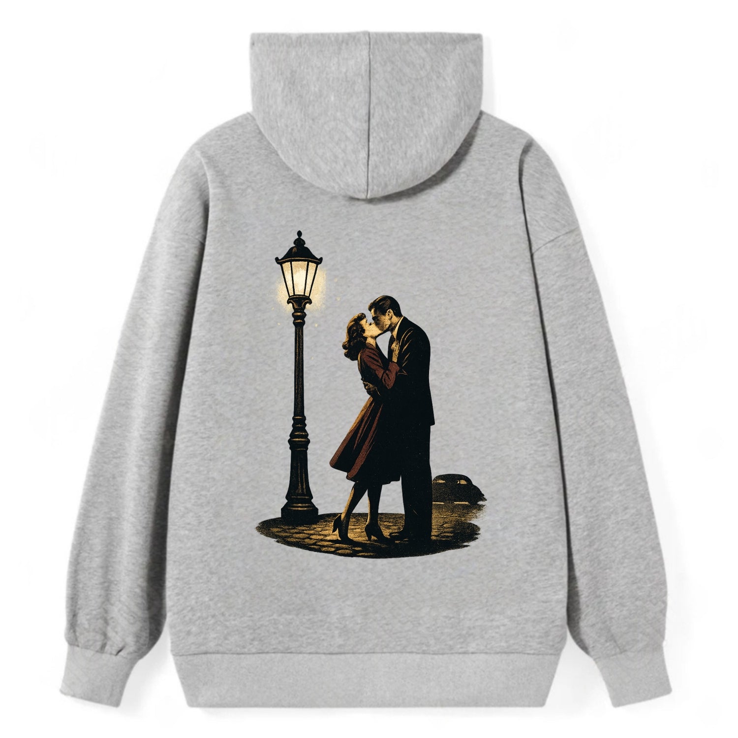 first kiss under vintage street lamp on cobblestone at night - Classic Pullover Hoodie - Grey