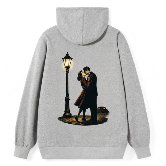 first kiss under vintage street lamp on cobblestone at night - Classic Pullover Hoodie - Grey