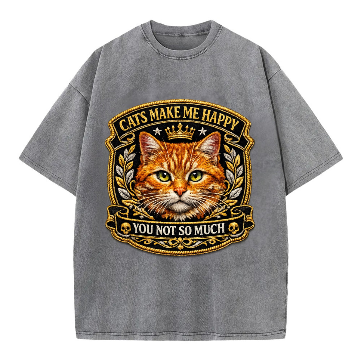 CATS MAKE ME HAPPY YOU NOT SO MUCH - cat face in orange , cat preference - Vintage T-shirt - Grey