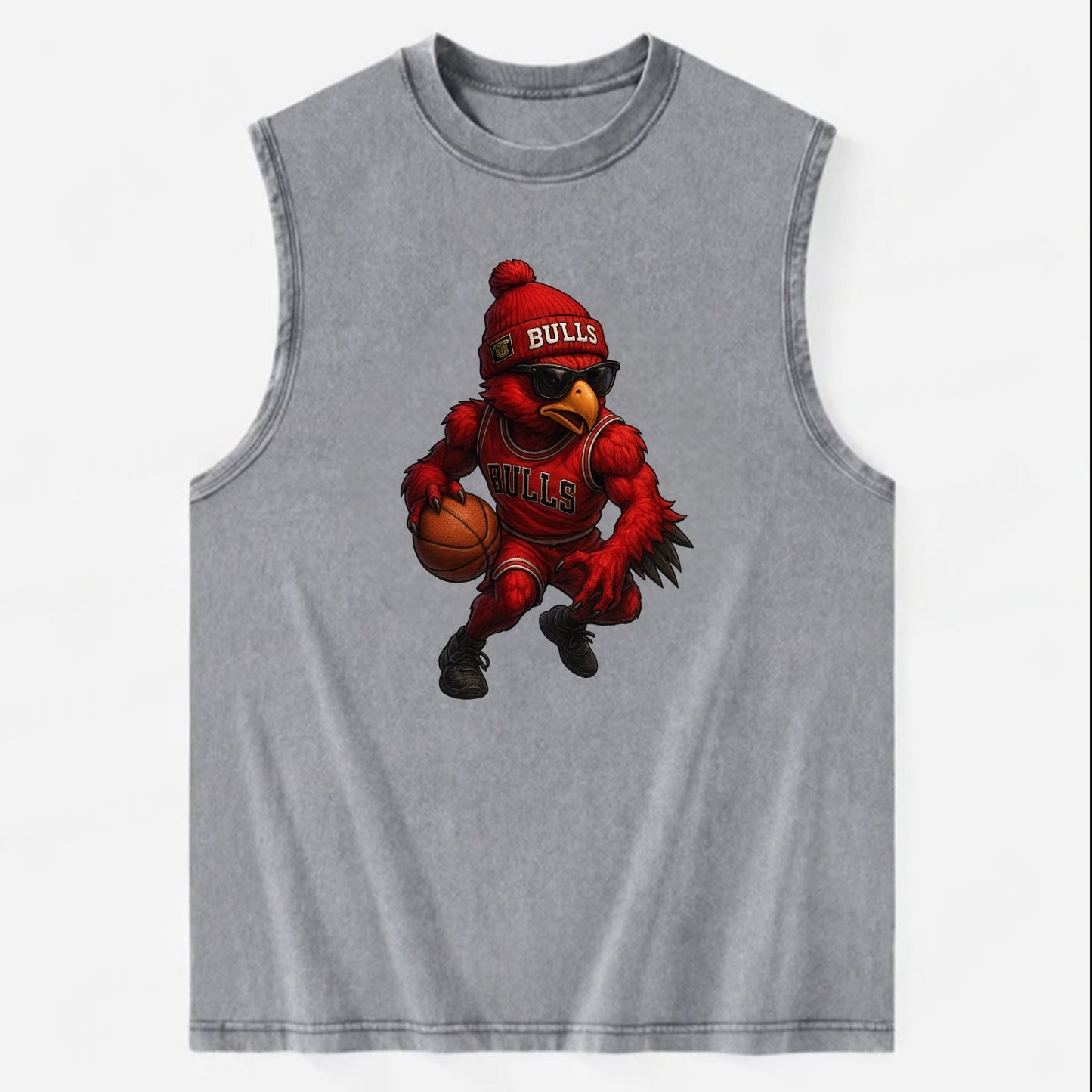 Windy City Hawk wearing Bulls beanie with six rings patch and wayfarer - Vintage Washed Tank - Grey