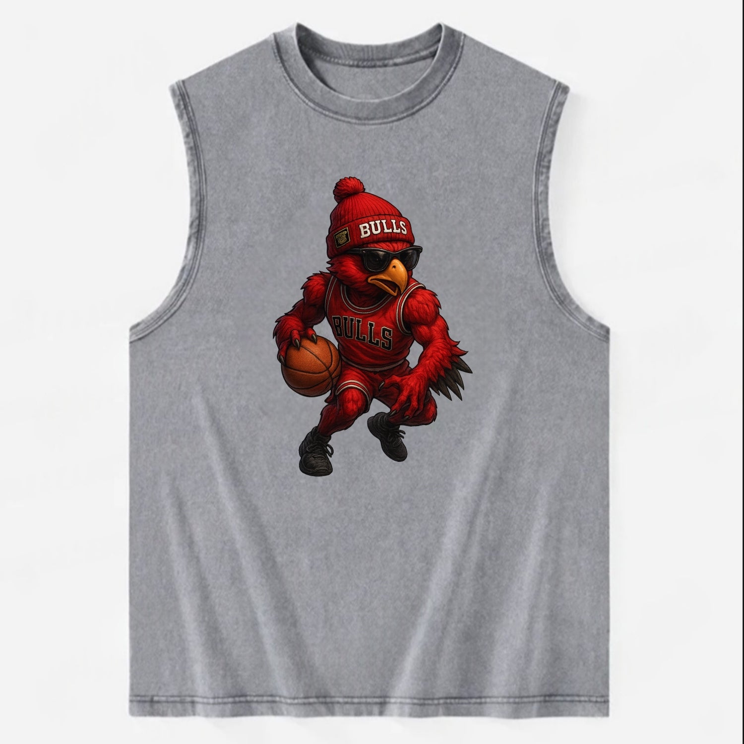 Windy City Hawk wearing Bulls beanie with six rings patch and wayfarer - Vintage Washed Tank - Grey
