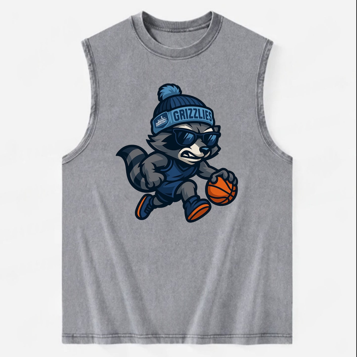 Memphis Raccoon wearing Grizzlies beanie with riverboat patch and wayfarer - Vintage Washed Tank - Grey