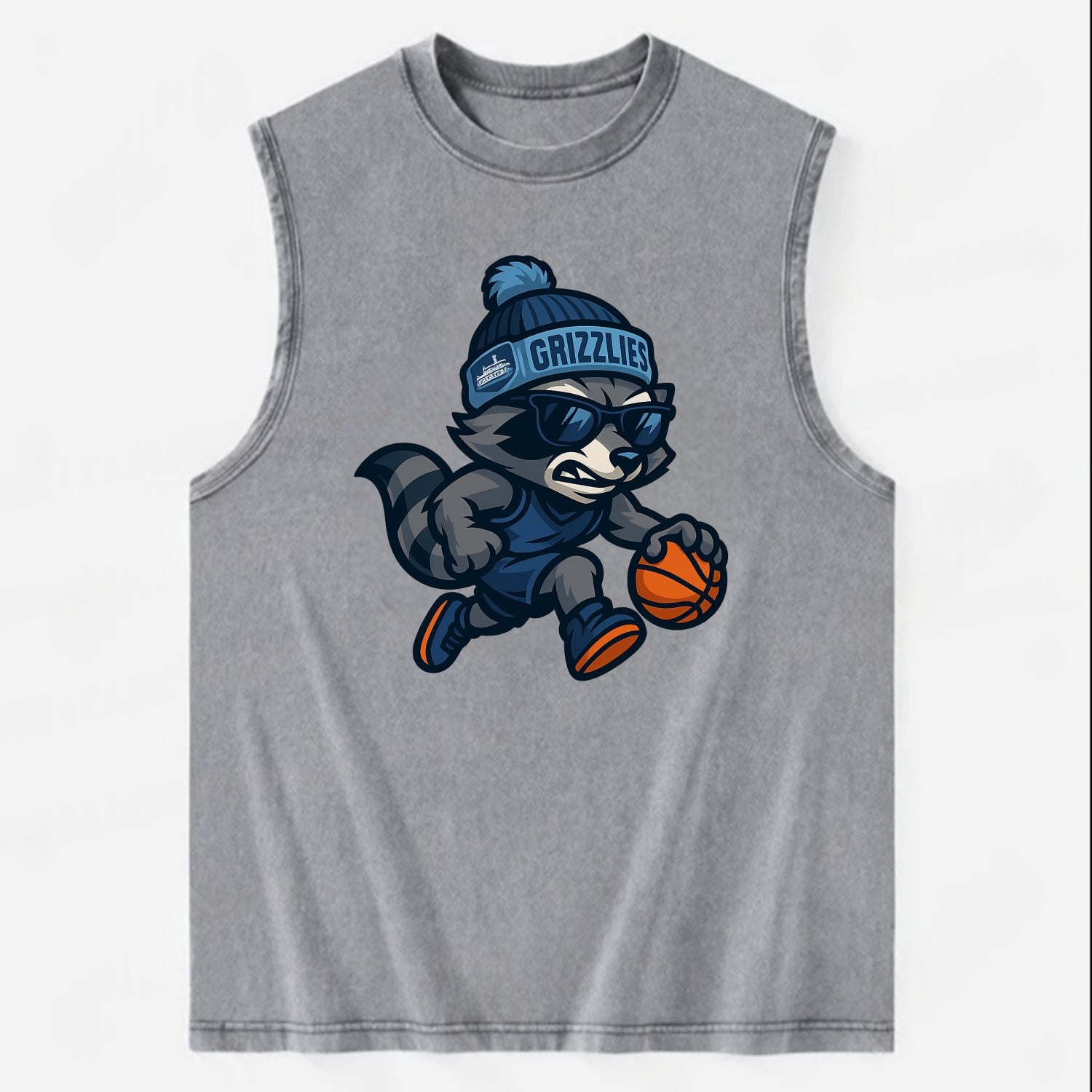 Memphis Raccoon wearing Grizzlies beanie with riverboat patch and wayfarer - Vintage Washed Tank - Grey