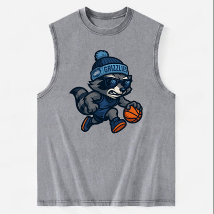 Memphis Raccoon wearing Grizzlies beanie with riverboat patch and wayfarer - Vintage Washed Tank - Grey