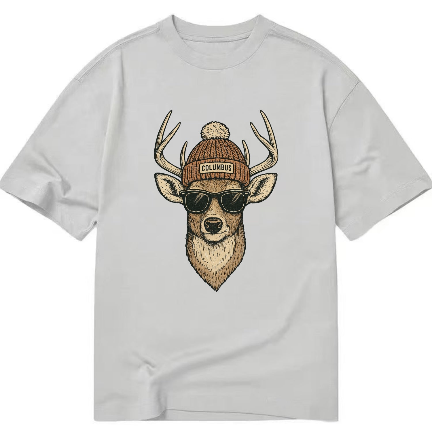 Ohio White-tailed Deer wearing Columbus beanie with pom pom and wayfarer - Classic T-shirt - Grey