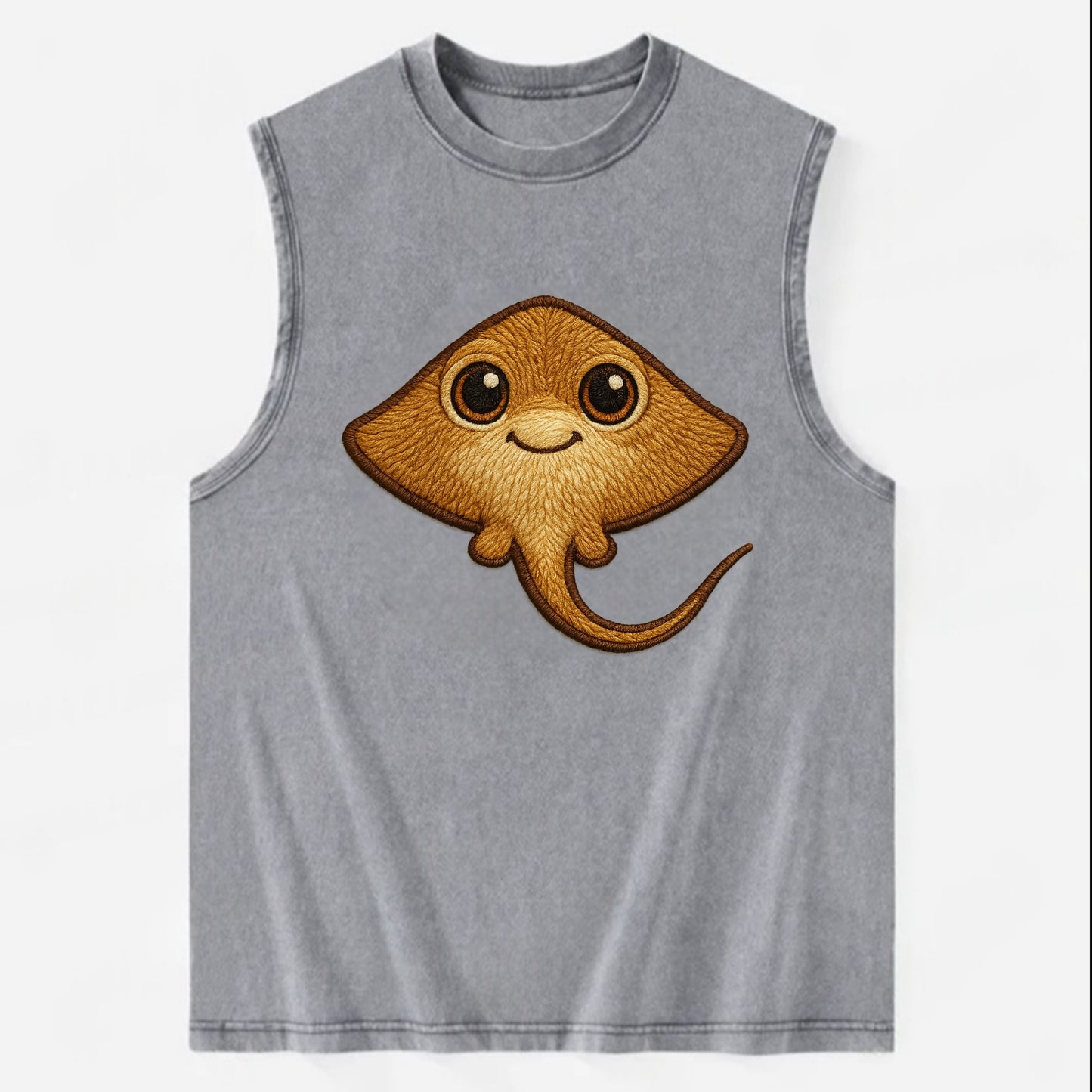 Baby Stingray - flat body, long tail, eyes on top, front-facing, friendly - Vintage Washed Tank - Grey
