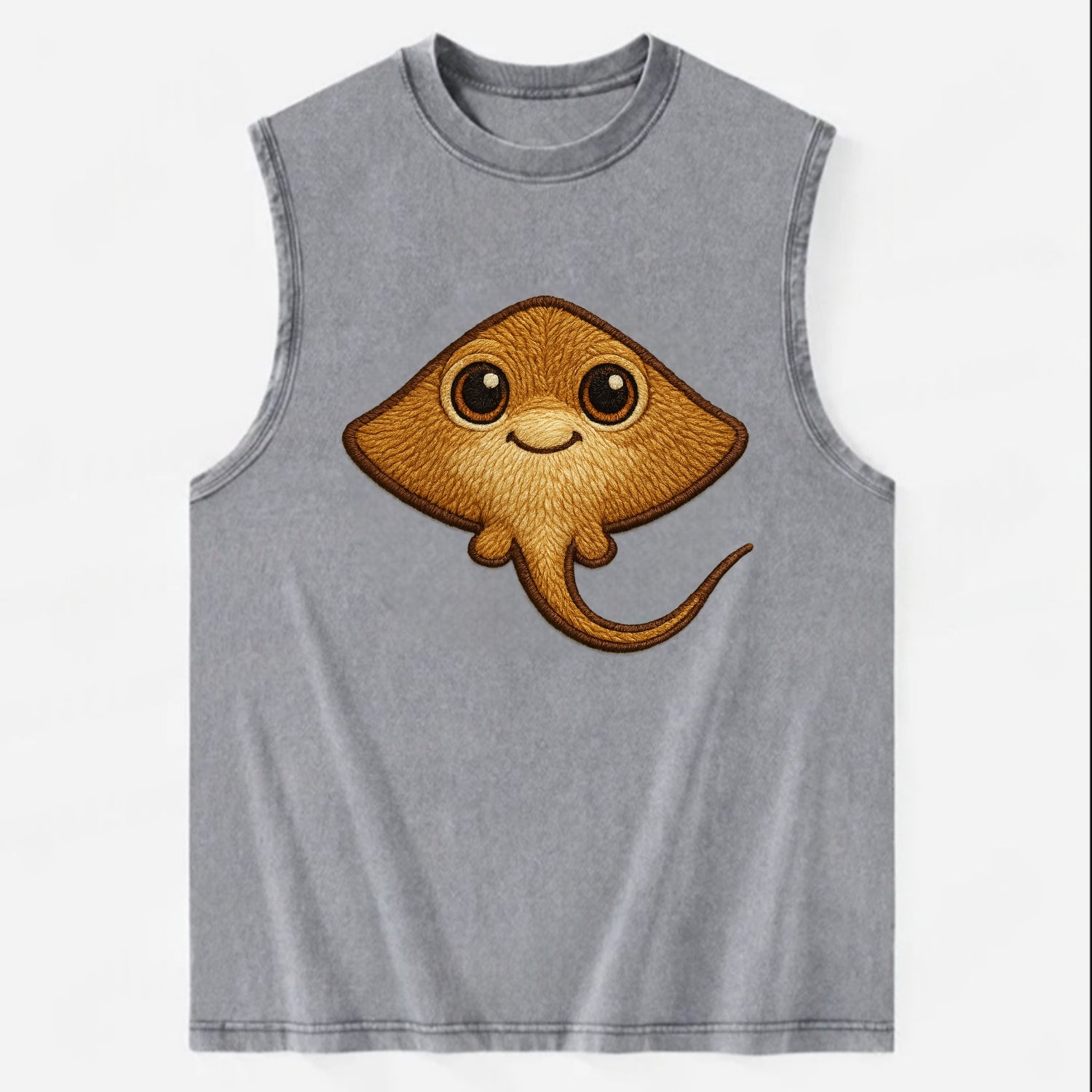 Baby Stingray - flat body, long tail, eyes on top, front-facing, friendly - Vintage Washed Tank - Grey