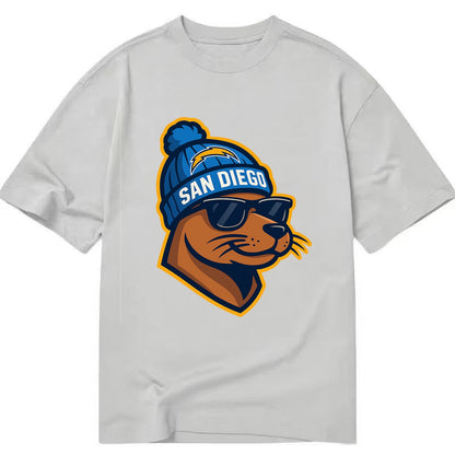 San Diego Sea Lion wearing Chargers beanie with bolt patch and wayfarer sunglasses - Classic T-shirt - Grey