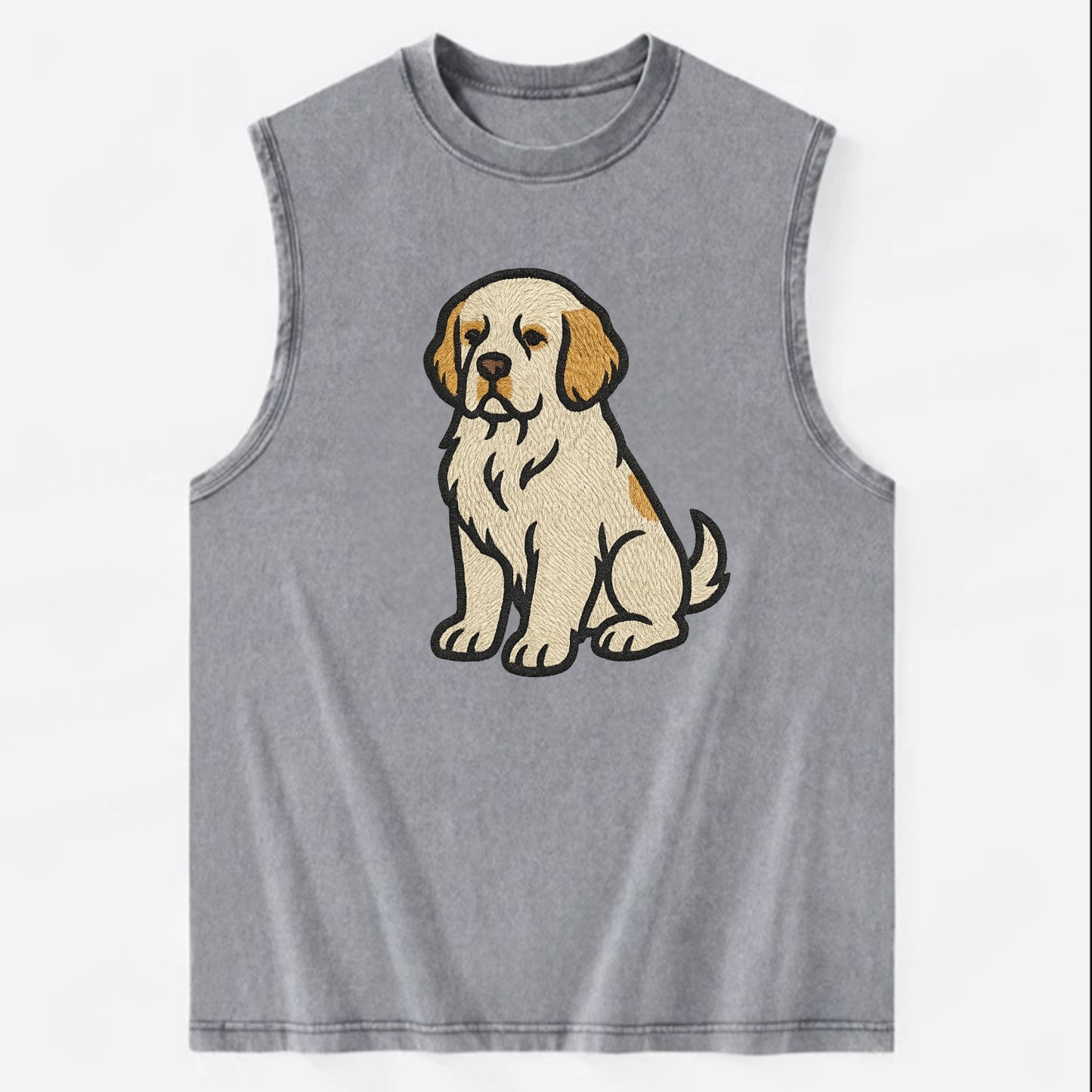Clumber Spaniel - White with lemon markings embroidered pose - Vintage Washed Tank - Grey