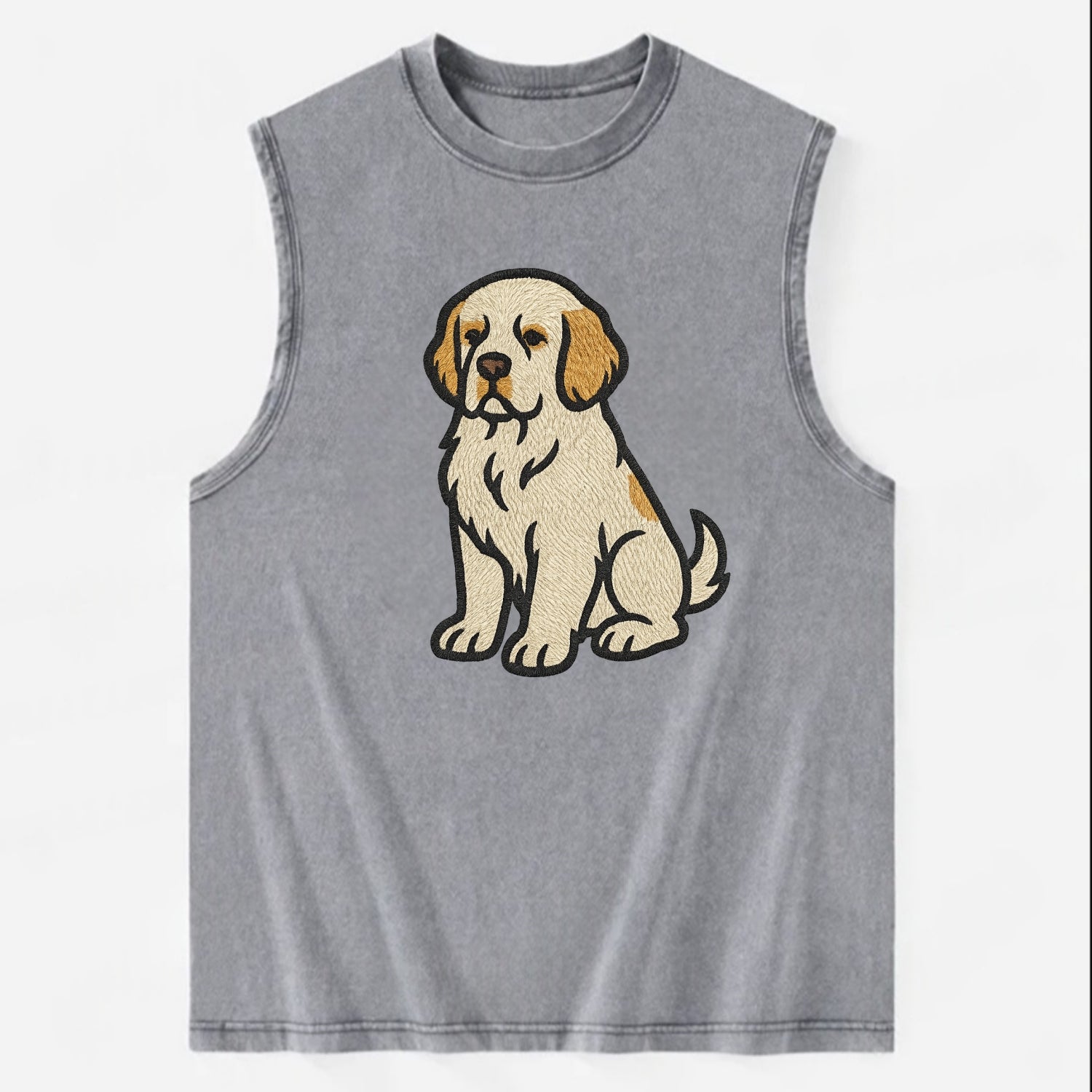 Clumber Spaniel - White with lemon markings embroidered pose - Vintage Washed Tank - Grey