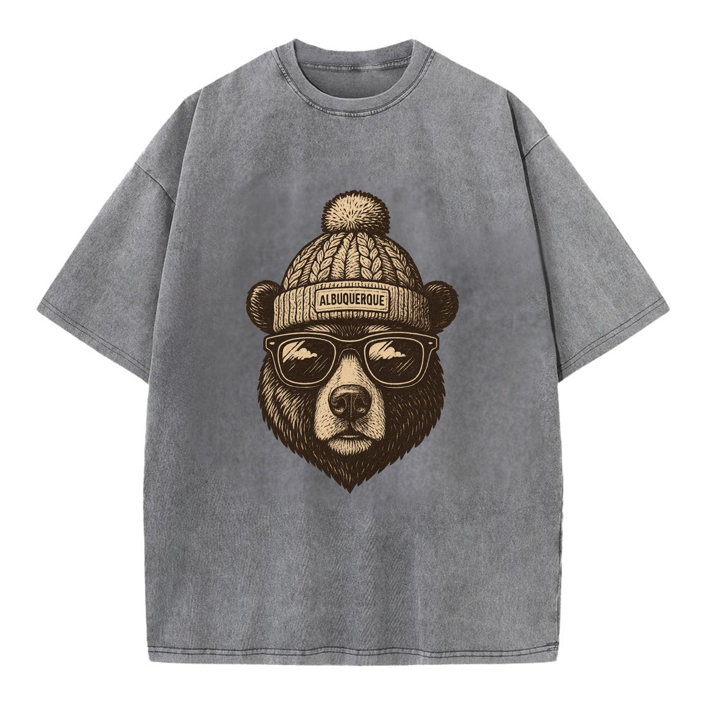 New Mexico Black Bear wearing Albuquerque beanie with pom pom and wayfarer - Vintage T-shirt - Grey