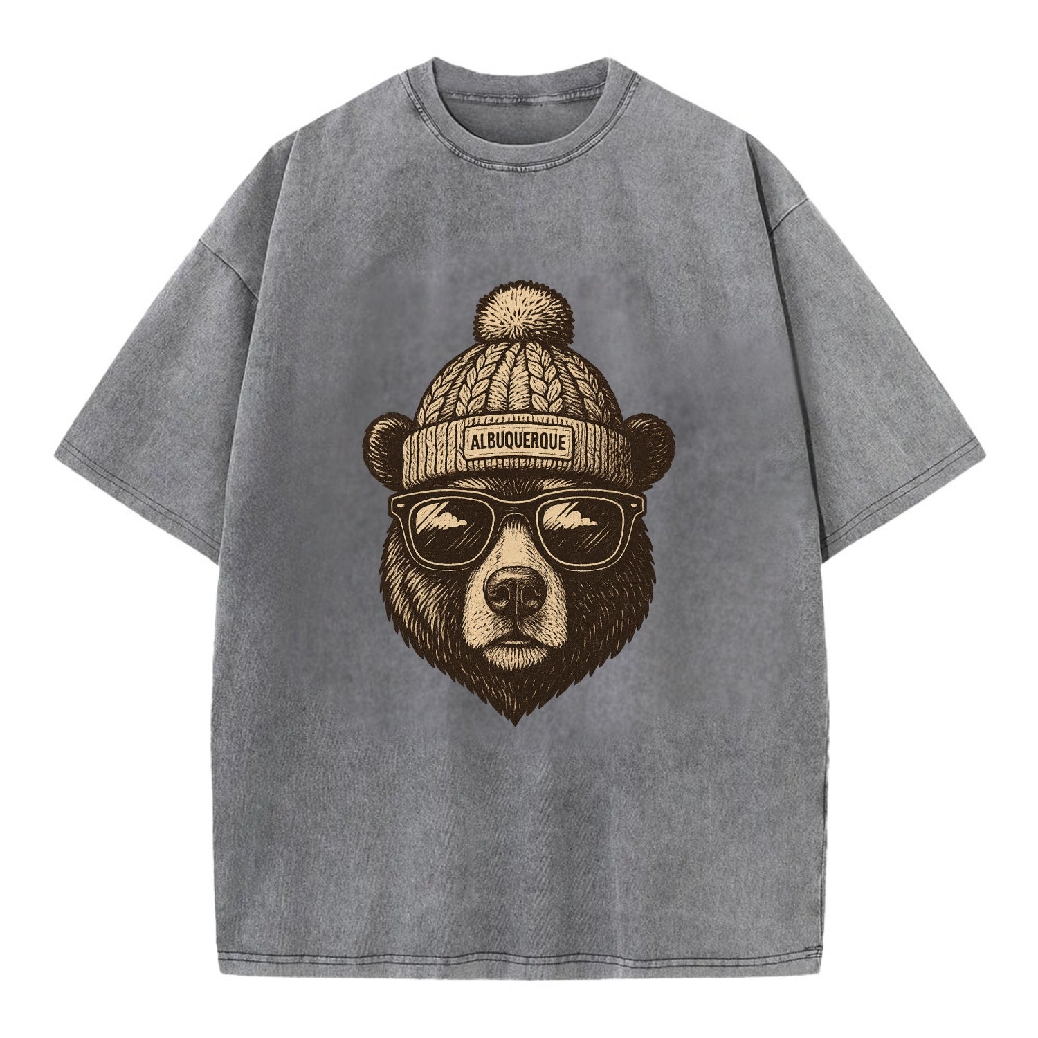 New Mexico Black Bear wearing Albuquerque beanie with pom pom and wayfarer - Vintage T-shirt - Grey