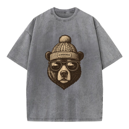 New Mexico Black Bear wearing Albuquerque beanie with pom pom and wayfarer - Vintage T-shirt - Grey