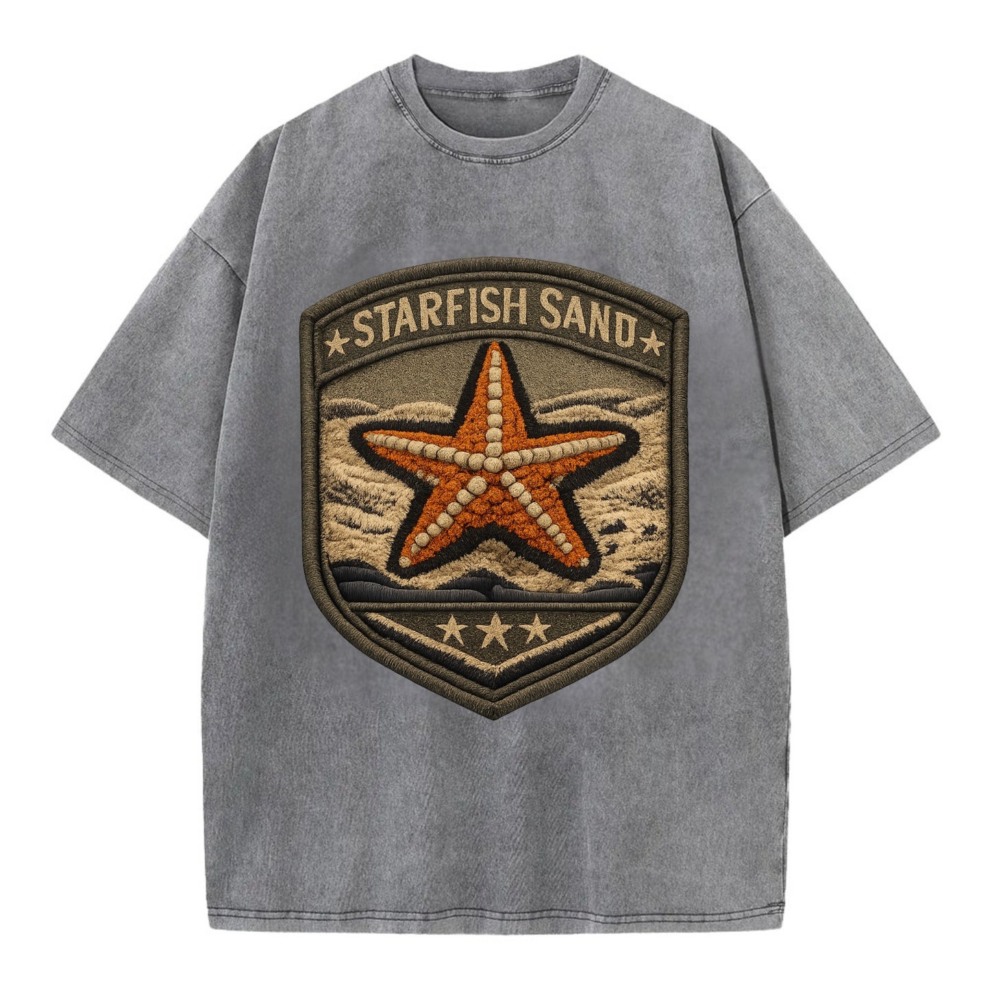 STARFISH SAND - sea star in orange and tan , beachcomber - Vintage T-shirt - Grey